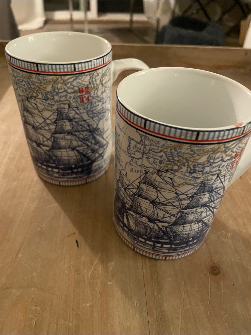 222 Fifth Blue & Red Nautical Ship-Print Ceramic Mugs - Set of 2 rare 12 oz
